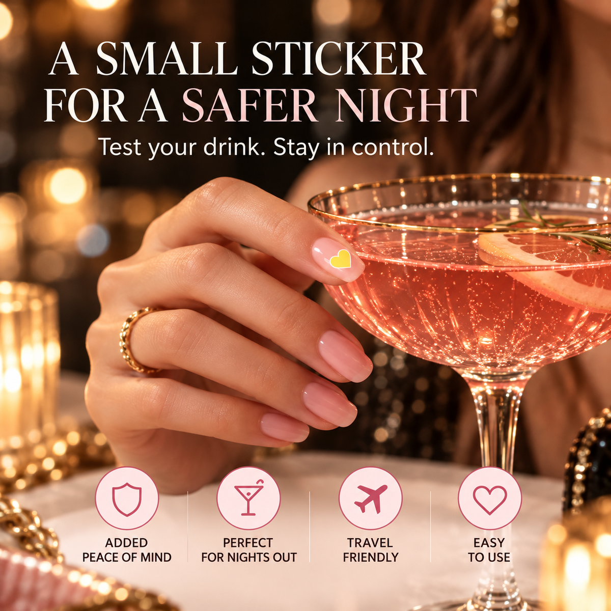 Zaynea™ Drink Testing Stickers – Heart & Butterfly Designs