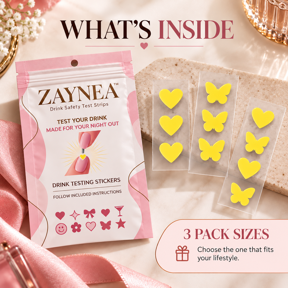 Zaynea™ Drink Testing Stickers – Heart & Butterfly Designs
